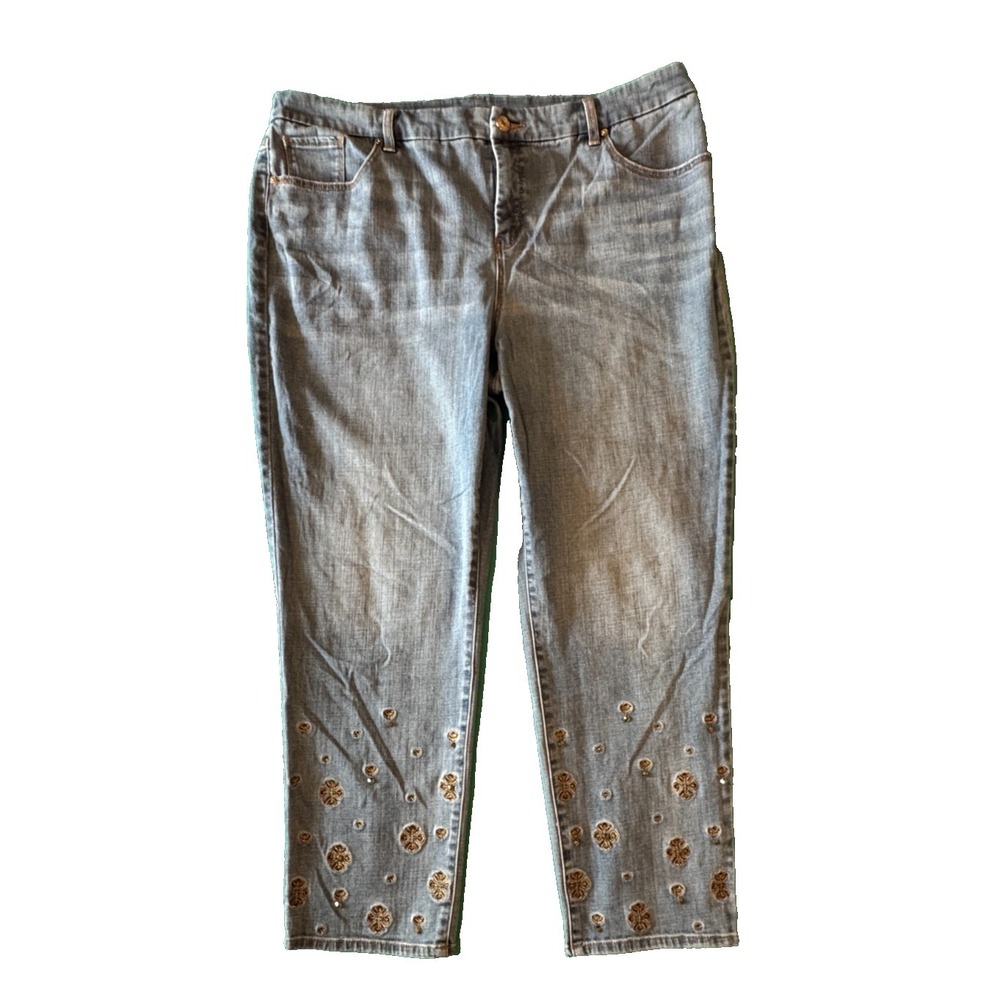 Chico's So Slimming Girlfriend Slim Leg Ankle Jeans 3 XL Embroidered Beaded - Picture 3 of 11